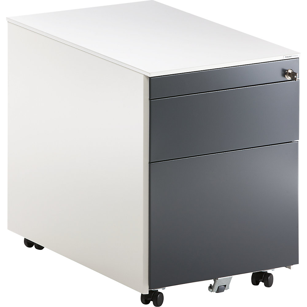 Mauser Ladeblok op wielen, h x d = 570 x 600 mm, 1 materiaallade, 1 hangmappenlade, zuiver wit / antracietgrijs / wit