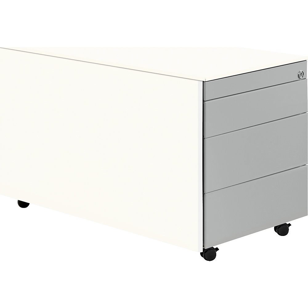 Mauser Ladeblok op wielen, h x d = 520 x 800 mm, stalen blad, 3 laden, zuiver wit / blank aluminiumkleurig / zuiver wit