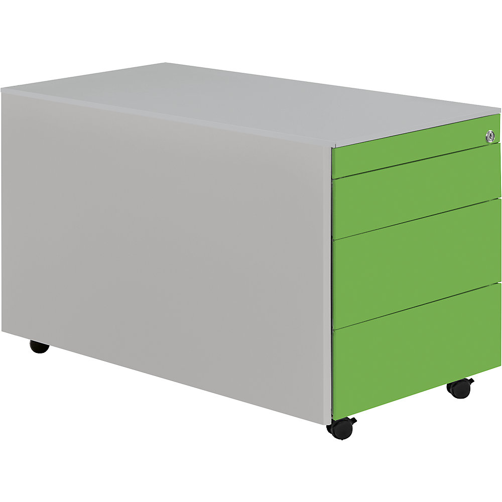 Mauser Ladeblok op wielen, h x d = 520 x 800 mm, stalen blad, 3 laden, blank aluminiumkleurig / geelgroen / blank aluminiumkleurig