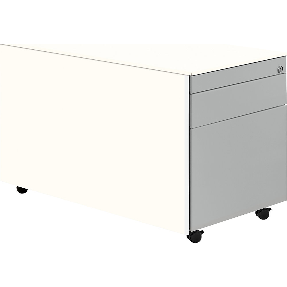 Mauser Ladeblok op wielen, h x d = 520 x 800 mm, 1 materiaallade, 1 hangmappenlade, zuiver wit / blank aluminiumkleurig / zuiver wit