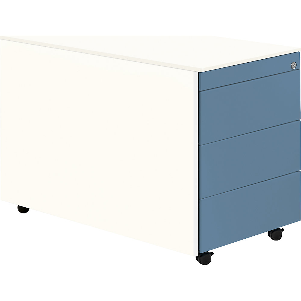 Mauser Ladeblok op wielen, h x d = 570 x 800 mm, stalen blad, 3 laden, zuiver wit / duifblauw / zuiver wit