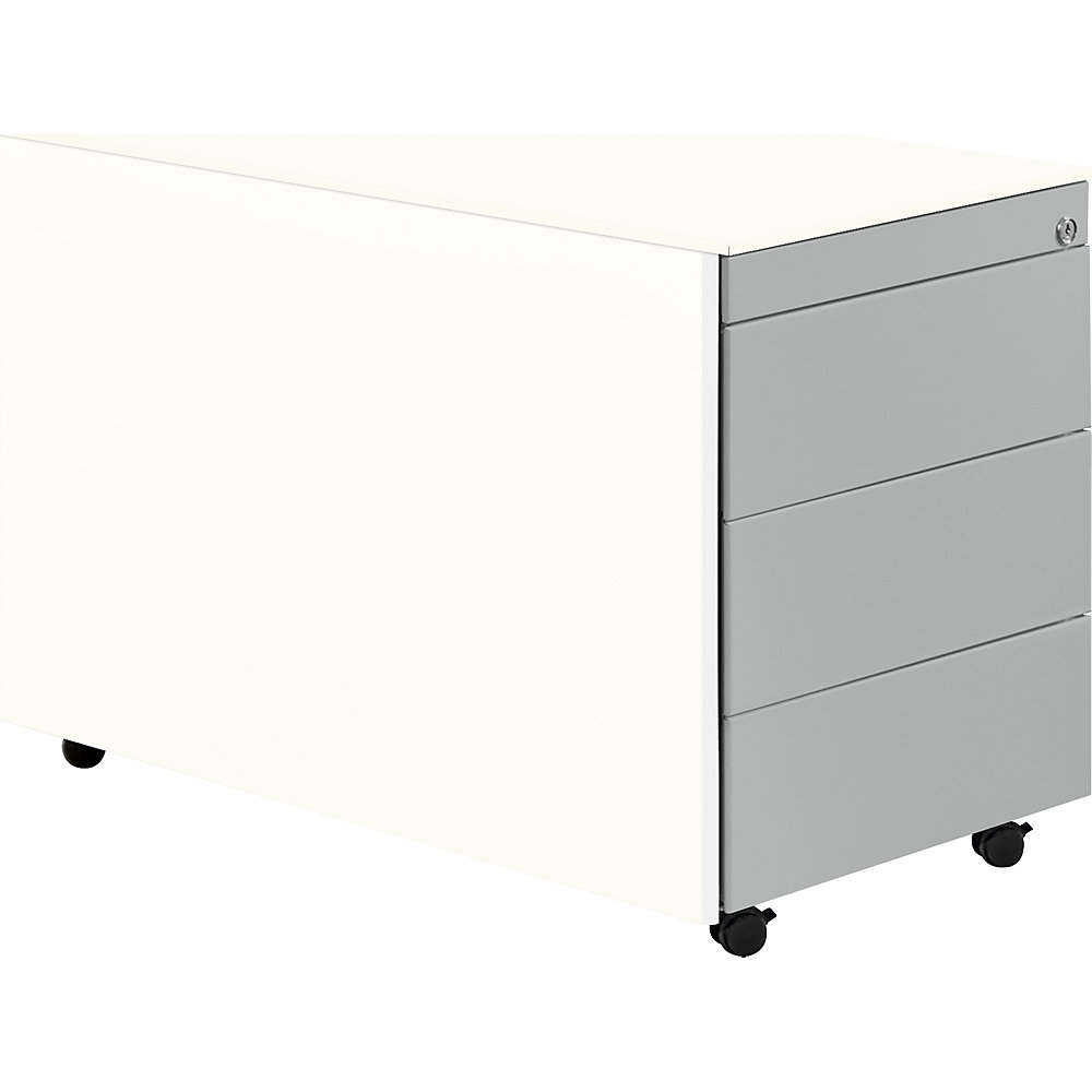 Mauser Ladeblok op wielen, h x d = 570 x 800 mm, stalen blad, 3 laden, zuiver wit / blank aluminiumkleurig / wit