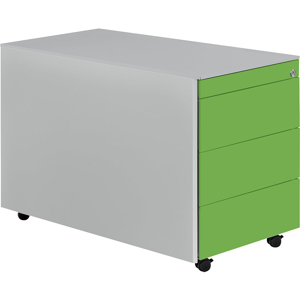 Mauser Ladeblok op wielen, h x d = 570 x 800 mm, stalen blad, 3 laden, blank aluminiumkleurig / geelgroen / blank aluminiumkleurig