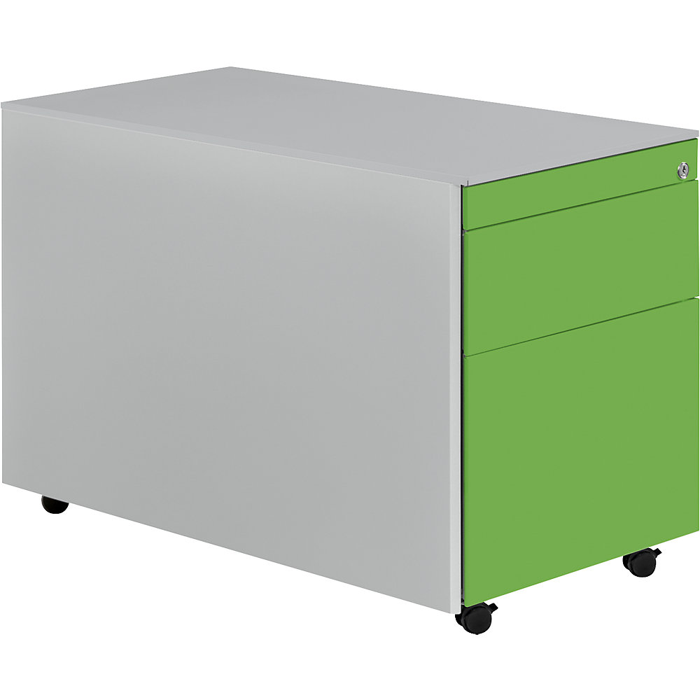 Mauser Ladeblok op wielen, h x d = 570 x 800 mm, 1 materiaallade, 1 hangmappenlade, blank aluminiumkleurig / geelgroen / blank aluminiumkleurig