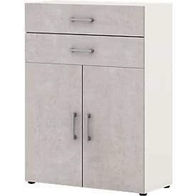 Kantoorkast TEMPIO, van hout, 2 deuren, 2 laden, 3 OH, B 800 x D 340 x H 1070 mm, wit/beton