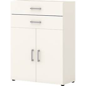 Kantoorkast TEMPIO, van hout, 2 deuren, 2 laden, 3 OH, B 800 x D 340 x H 1070 mm, wit/wit