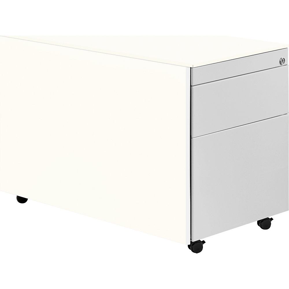 Mauser Ladeblok op wielen, h x d = 570 x 800 mm, 1 materiaallade, 1 hangmappenlade, zuiver wit / blank aluminiumkleurig / wit