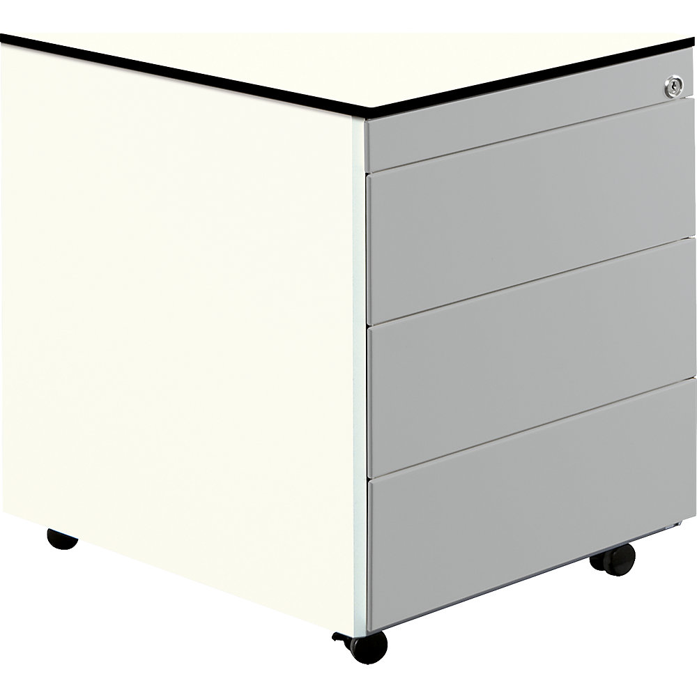 Mauser Ladeblok op wielen, h x d = 573 x 600 mm, blad van HPL met massieve kern, 3 laden, zuiver wit / blank aluminiumkleurig / wit