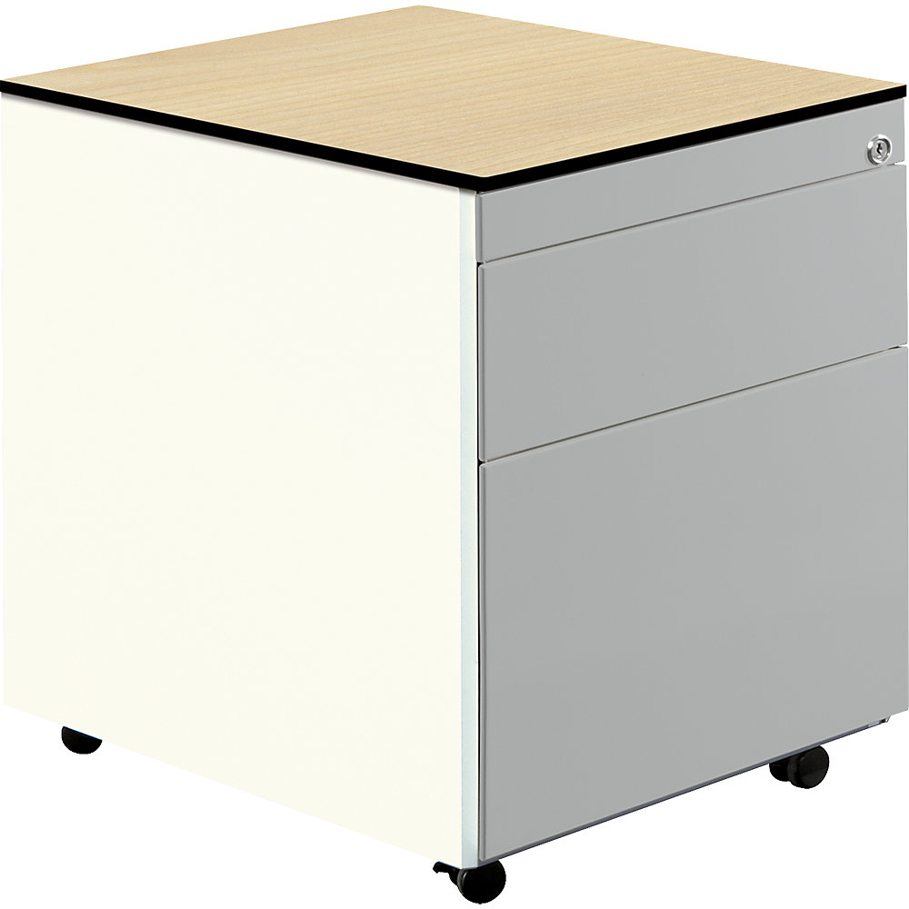 Mauser Ladeblok op wielen, h x d = 573 x 600 mm, 1 materiaallade, 1 hangmappenlade, zuiver wit / blank aluminiumkleurig / ahornhoutdecor