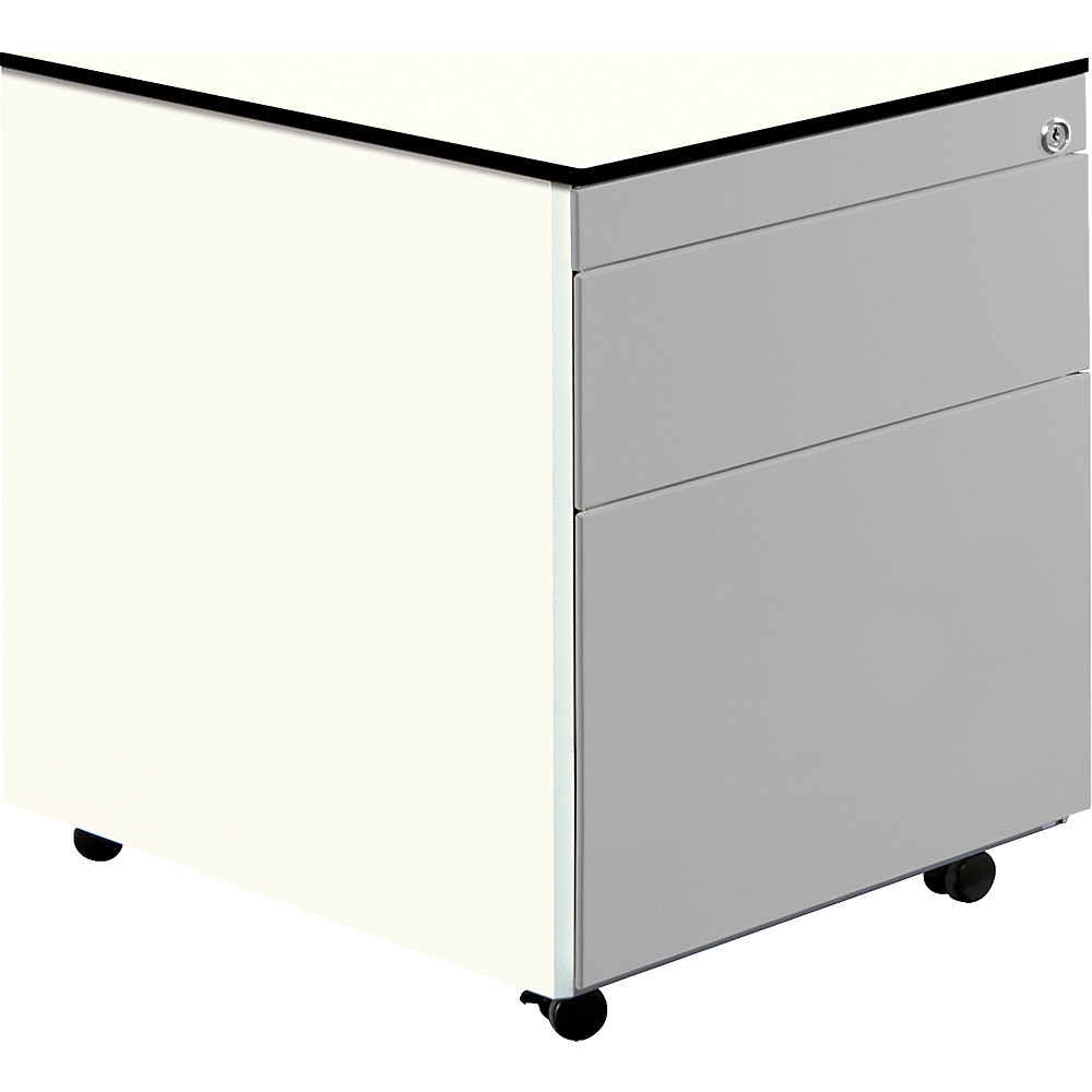 Mauser Ladeblok op wielen, h x d = 573 x 600 mm, 1 materiaallade, 1 hangmappenlade, zuiver wit / blank aluminiumkleurig / wit