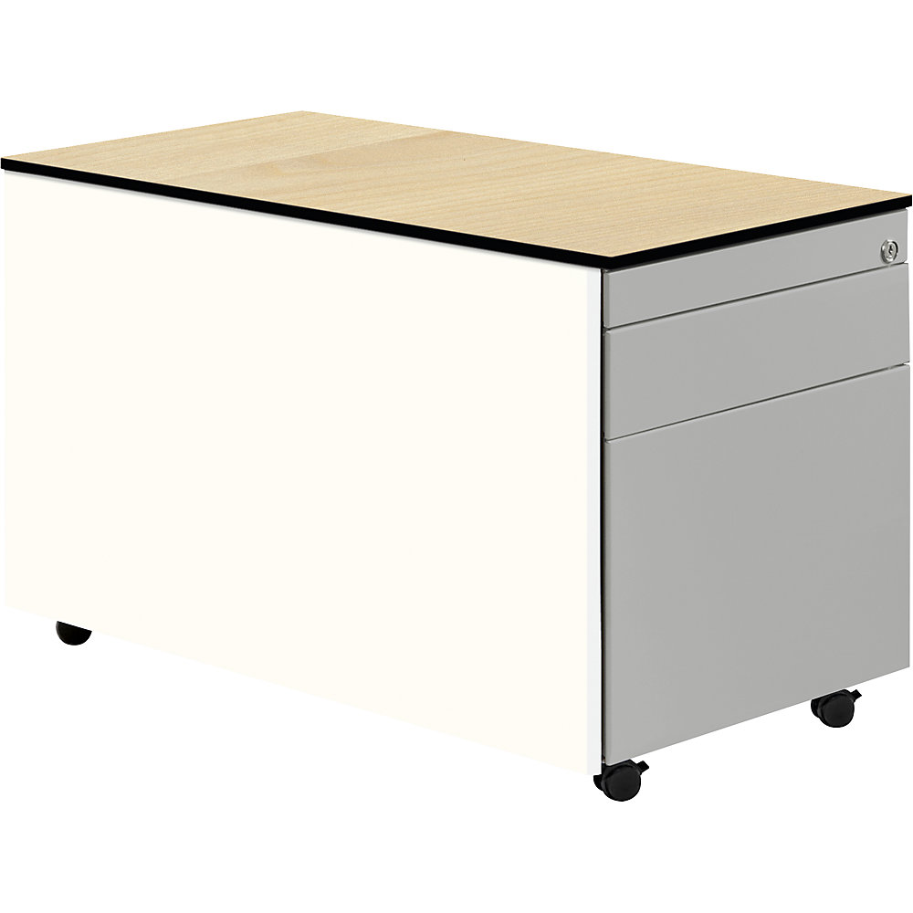 Mauser Ladeblok op wielen, h x d = 523 x 800 mm, 1 materiaallade, 1 hangmappenlade, zuiver wit / blank aluminiumkleurig / ahornhoutdecor