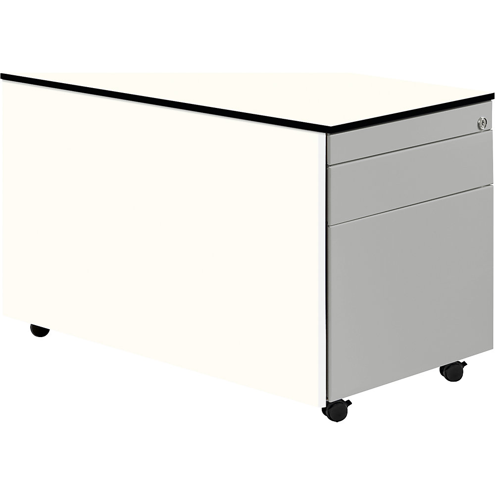 Mauser Ladeblok op wielen, h x d = 523 x 800 mm, 1 materiaallade, 1 hangmappenlade, zuiver wit / blank aluminiumkleurig / wit