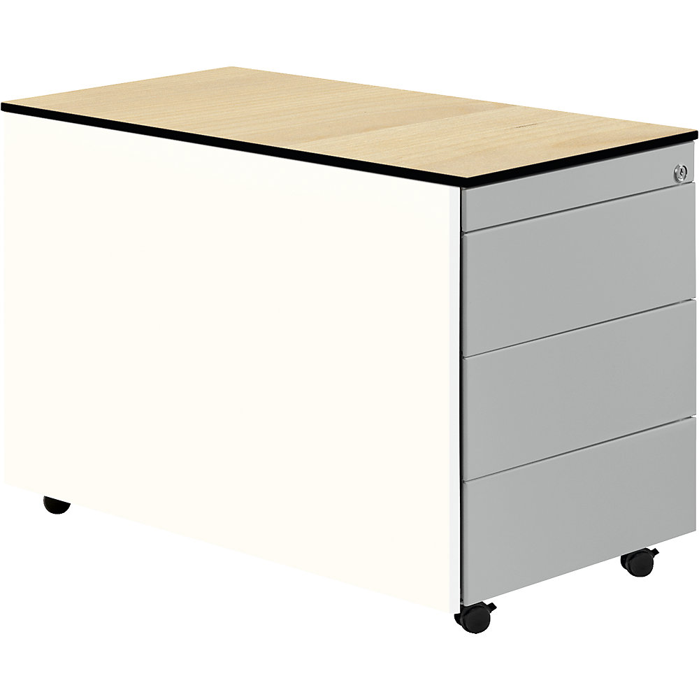 Mauser Ladeblok op wielen, h x d = 573 x 800 mm, blad van HPL met massieve kern, 3 laden, zuiver wit / blank aluminiumkleurig / ahornhoutdecor