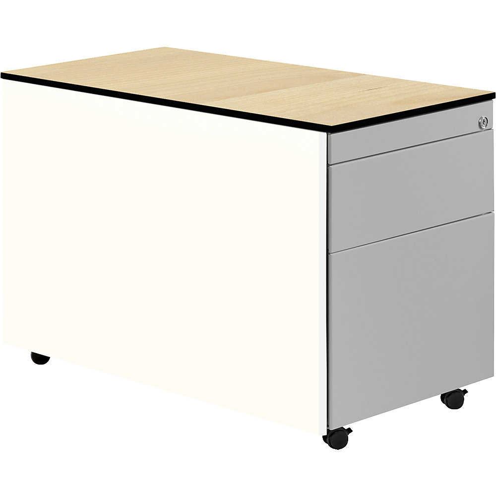 Mauser Ladeblok op wielen, h x d = 573 x 800 mm, 1 materiaallade, 1 hangmappenlade, zuiver wit / blank aluminiumkleurig / ahornhoutdecor