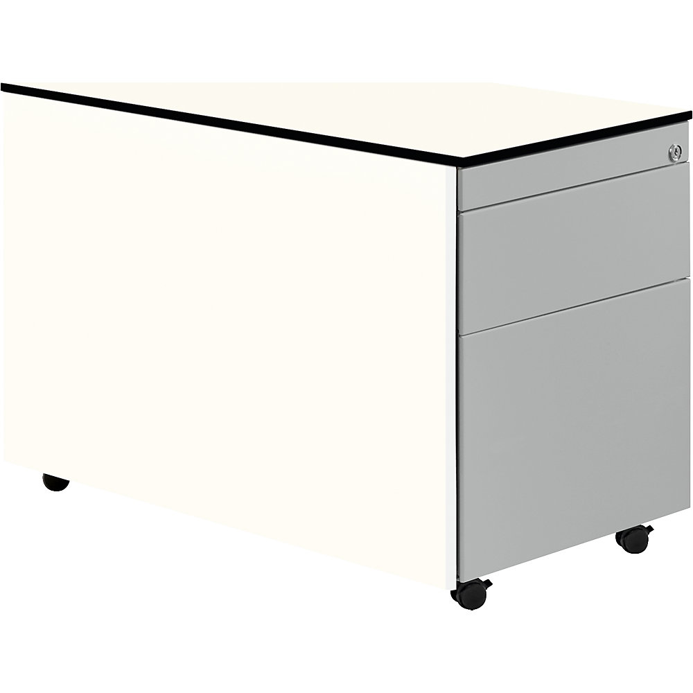 Mauser Ladeblok op wielen, h x d = 573 x 800 mm, 1 materiaallade, 1 hangmappenlade, zuiver wit / blank aluminiumkleurig / wit
