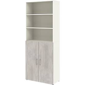 Home Office combikast TEMPIO, van hout, 2 deuren (3 OH), 6 OH, B 800 x D 340 x H 2130 mm, wit/beton