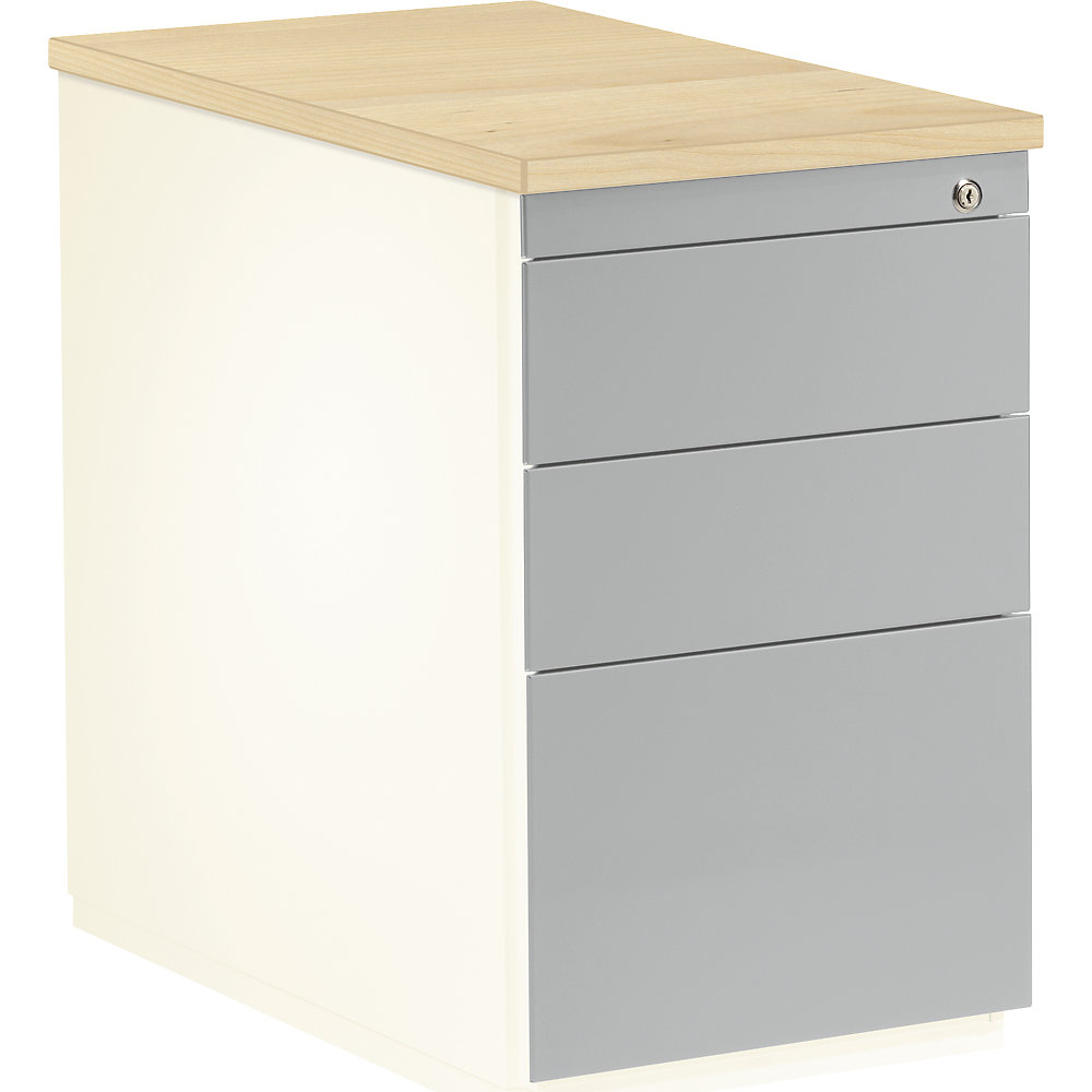 Mauser Ladeblok, h x d = 720 x 800 mm, 2 materiaalladen, 1 hangmappenlade, zuiver wit / blank aluminiumkleurig / ahornhoutdecor