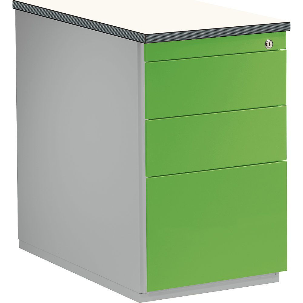 Mauser Ladeblok, h x d = 720 x 800 mm, 2 materiaalladen, 1 hangmappenlade, blank aluminiumkleurig / geelgroen / wit