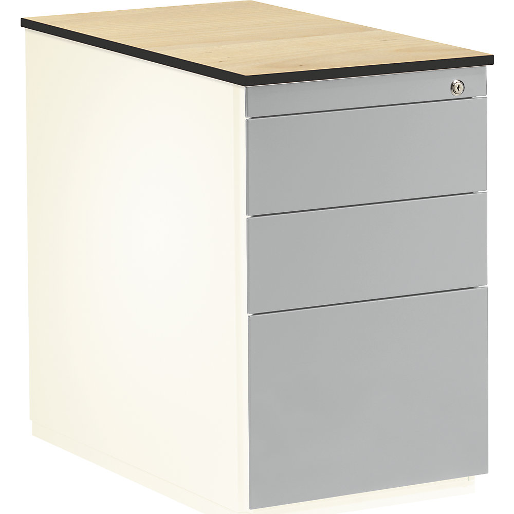 Mauser Ladeblok, h x d = 708 x 800 mm, 2 materiaalladen, 1 hangmappenlade, zuiver wit / blank aluminiumkleurig / ahornhoutdecor