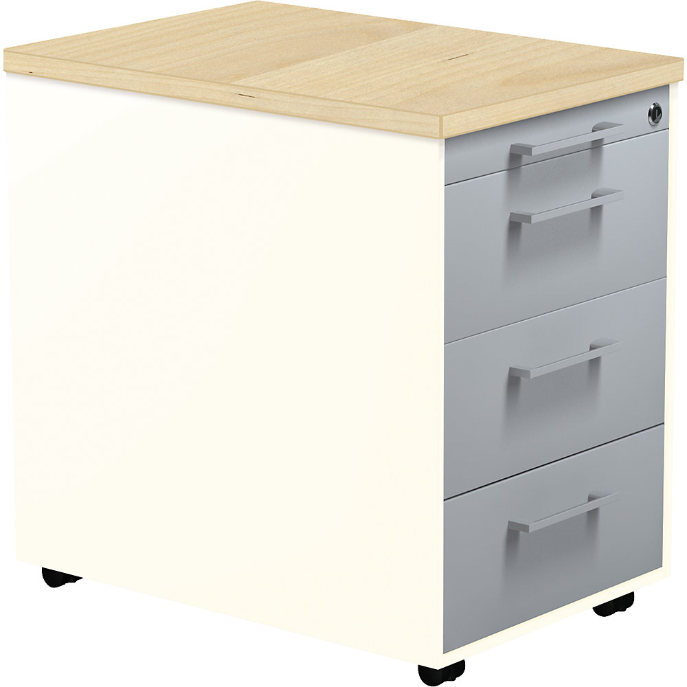 Mauser Verrijdbaar ladeblok, h x d = 579 x 600 mm, 3 laden, zuiver wit / blank aluminiumkleurig / ahornhoutdecor
