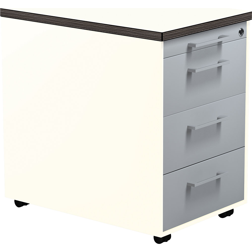 Mauser Verrijdbaar ladeblok, h x d = 579 x 600 mm, 3 laden, zuiver wit / blank aluminiumkleurig / wit