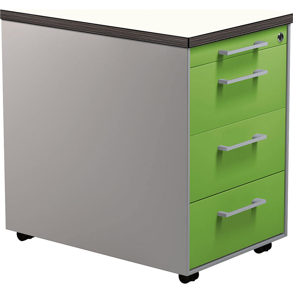 Mauser Verrijdbaar ladeblok, h x d = 579 x 600 mm, 3 laden, blank aluminiumkleurig / geelgroen / wit
