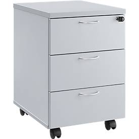 Verrijdbaar ladeblok 333, B 404 x D 500 x H 590 mm, 3 laden, vergrendelbaar, metalen handvatten, 4 dubbele zwenkwielen, grijs