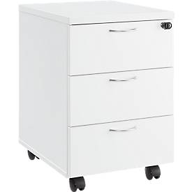 Verrijdbaar ladeblok 333, B 404 x D 500 x H 590 mm, 3 laden, vergrendelbaar, metalen handvatten, 4 dubbele zwenkwielen, wit