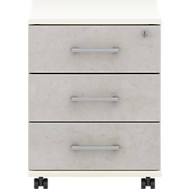 Verrijdbaar ladeblok 333 TEMPIO, van hout, 3 laden (1 met slot), B 430 x D 500 x H 550 mm, wit/beton