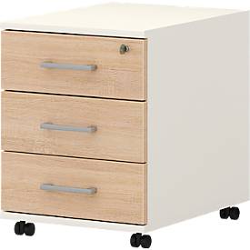 Verrijdbaar ladeblok 333 TEMPIO, van hout, 3 laden (1 met slot), B 430 x D 500 x H 550 mm, wit/Sonoma eik