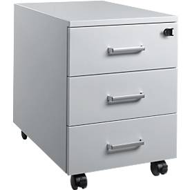 Schäfer Shop Pure verrijdbare ladeblok 333, 3 laden, afsluitbaar, metalen grepen, plaatstaal met poedercoating, B 420 x D 600 x H 570 mm, lichtgrijs