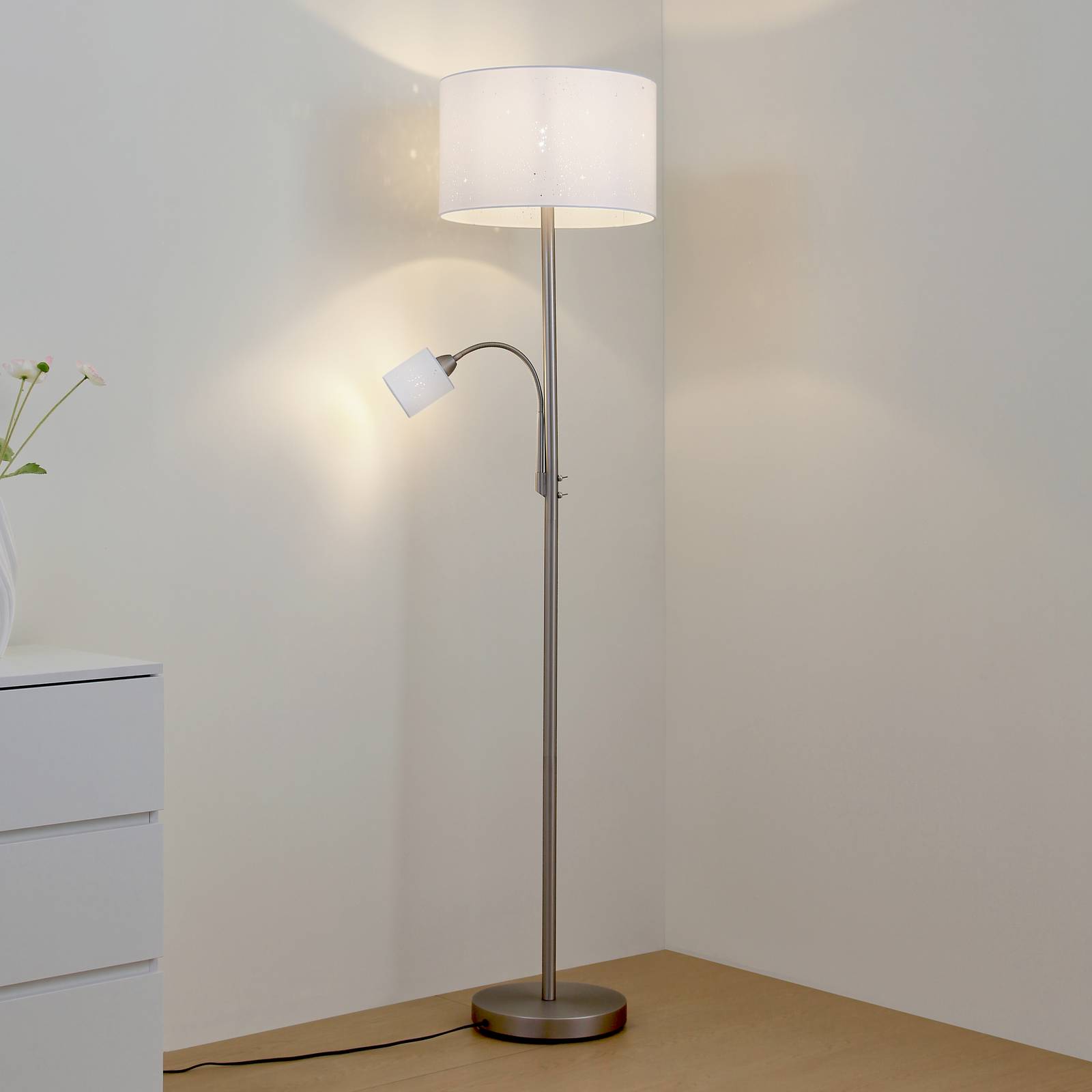 LINDBY vloerlamp Jaileen, wit, textiel, 170 cm, leeslampje