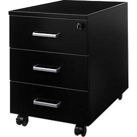 Schäfer Shop Pure verrijdbare ladeblok 333, 3 laden, afsluitbaar, metalen grepen, dun plaatstaal met poedercoating, B 420 x D 600 x H 570 mm,  zwart