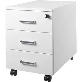 Schäfer Shop Pure verrijdbare ladeblok 333, 3 laden, afsluitbaar, metalen grepen, plaatstaal met poedercoating, B 420 x D 600 x H 570 mm, wit