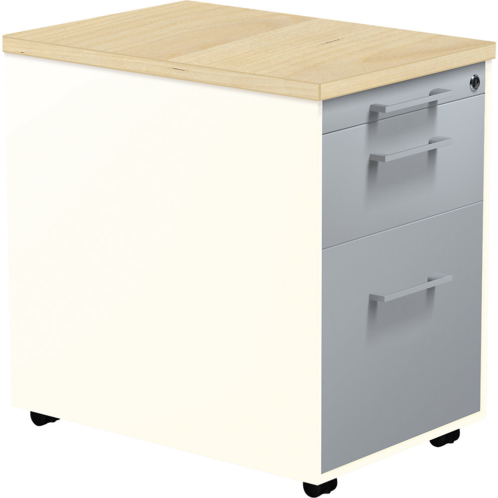 Mauser Verrijdbaar ladeblok, h x d = 579 x 600 mm, 1 materiaallade, 1 hangmappenlade, zuiver wit / blank aluminiumkleurig / ahornhoutdecor