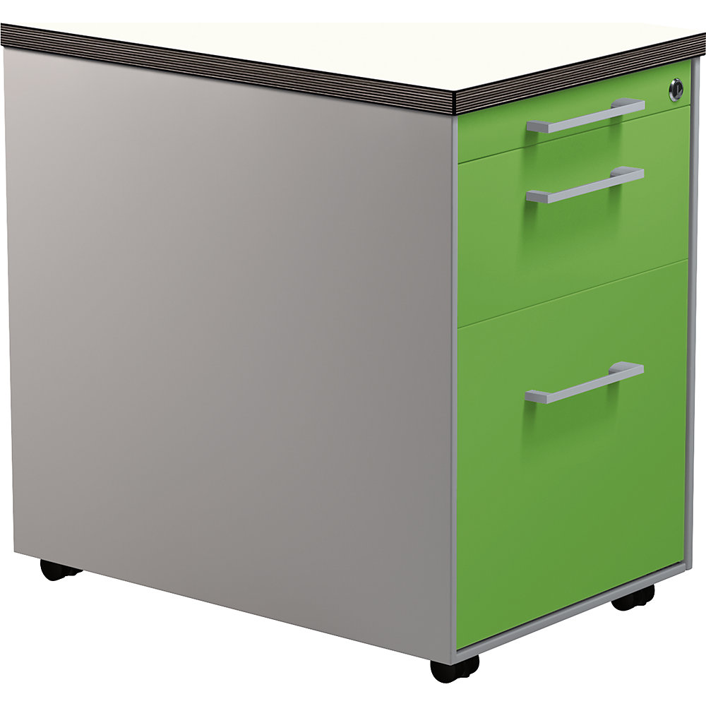 Mauser Verrijdbaar ladeblok, h x d = 579 x 600 mm, 1 materiaallade, 1 hangmappenlade, blank aluminiumkleurig / geelgroen / wit