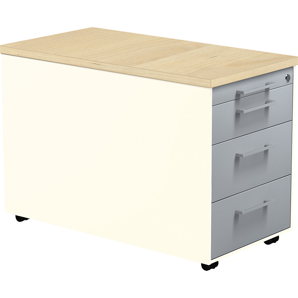 Mauser Verrijdbaar ladeblok, h x d = 529 x 800 mm, 3 laden, zuiver wit / blank aluminiumkleurig / ahornhoutdecor