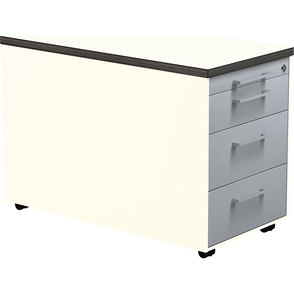 Mauser Verrijdbaar ladeblok, h x d = 529 x 800 mm, 3 laden, zuiver wit / blank aluminiumkleurig / wit