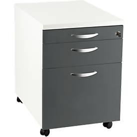 Verrijdbaar ladeblok NEVADA, 1 materiaallade , 1 lade en 1 lade voor hangmappen, B 430 x D 600 x H 600 mm, donkergrijs