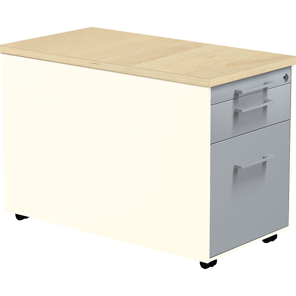 Mauser Verrijdbaar ladeblok, h x d = 529 x 800 mm, 1 materiaallade, 1 hangmappenlade, zuiver wit / blank aluminiumkleurig / ahornhoutdecor