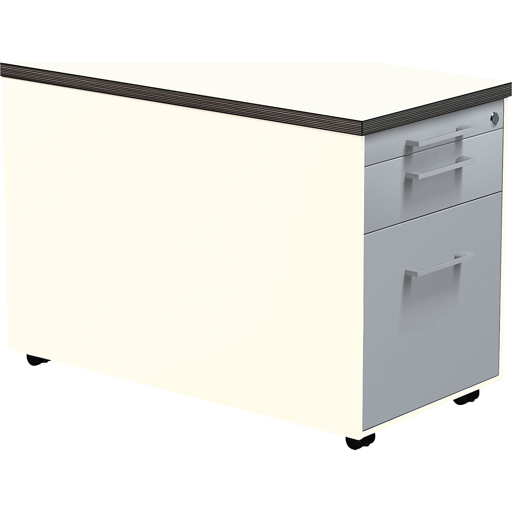 Mauser Verrijdbaar ladeblok, h x d = 529 x 800 mm, 1 materiaallade, 1 hangmappenlade, zuiver wit / blank aluminiumkleurig / wit