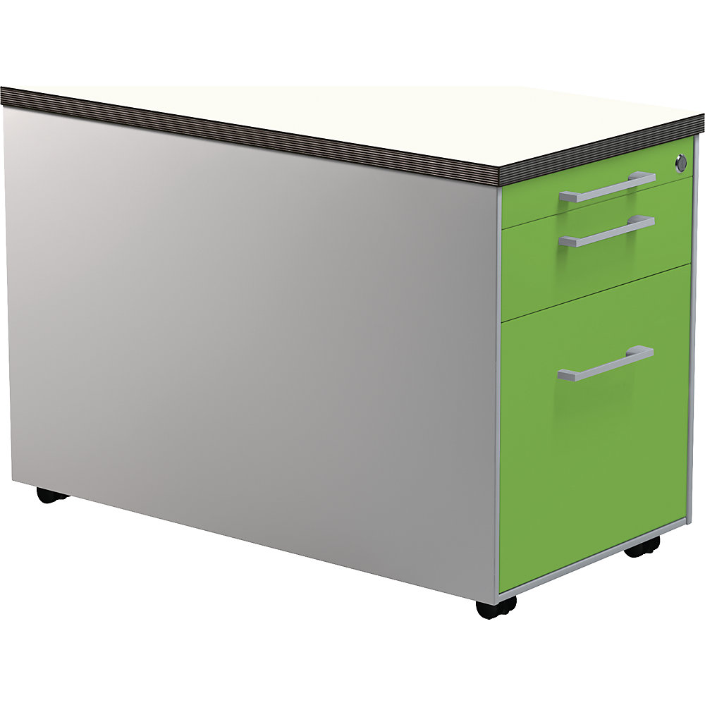 Mauser Verrijdbaar ladeblok, h x d = 529 x 800 mm, 1 materiaallade, 1 hangmappenlade, blank aluminiumkleurig / geelgroen / wit