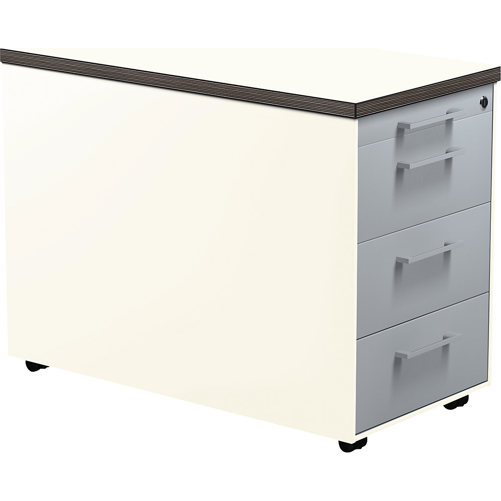 Mauser Verrijdbaar ladeblok, h x d = 579 x 800 mm, 3 laden, zuiver wit / blank aluminiumkleurig / wit