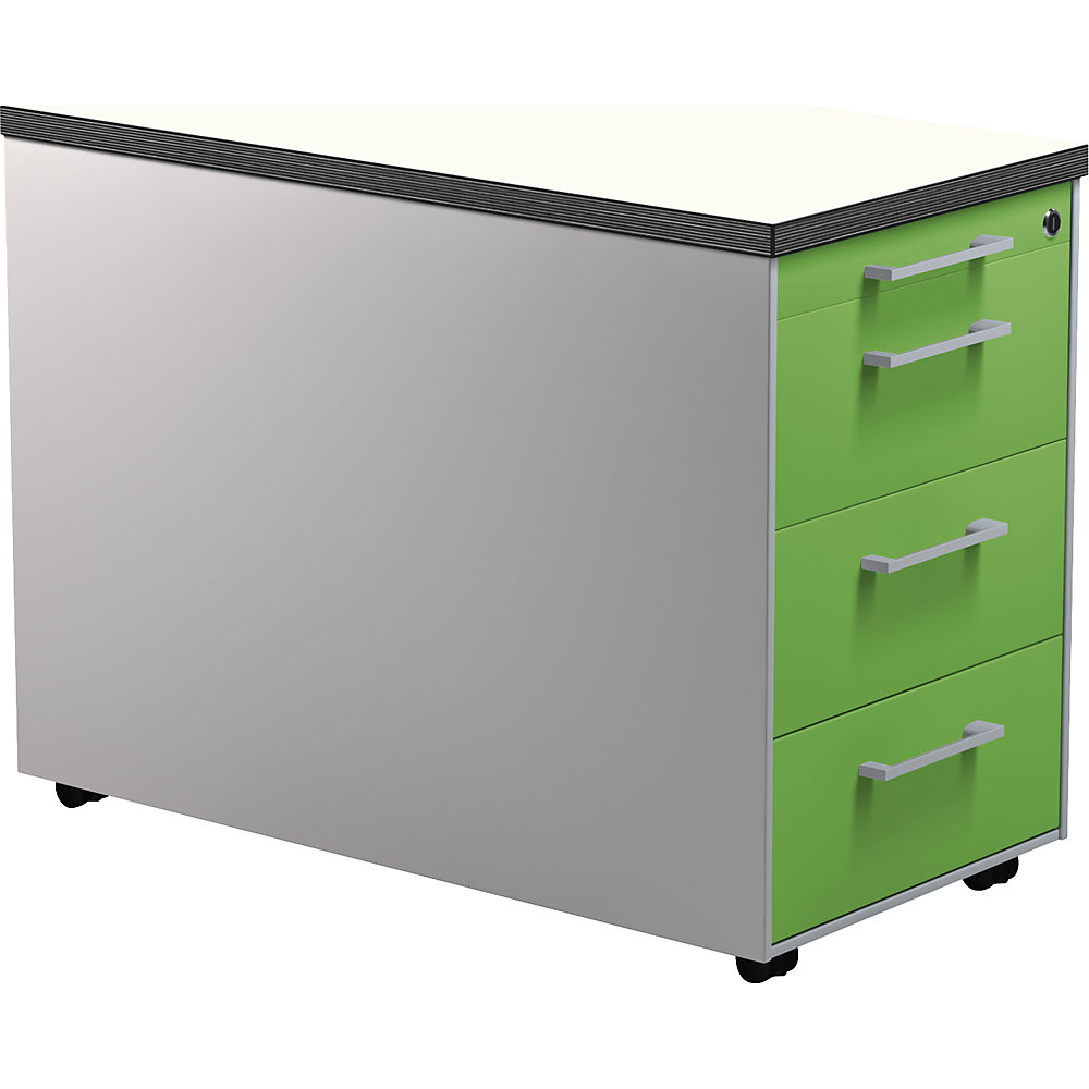 Mauser Verrijdbaar ladeblok, h x d = 579 x 800 mm, 3 laden, blank aluminiumkleurig / geelgroen / wit