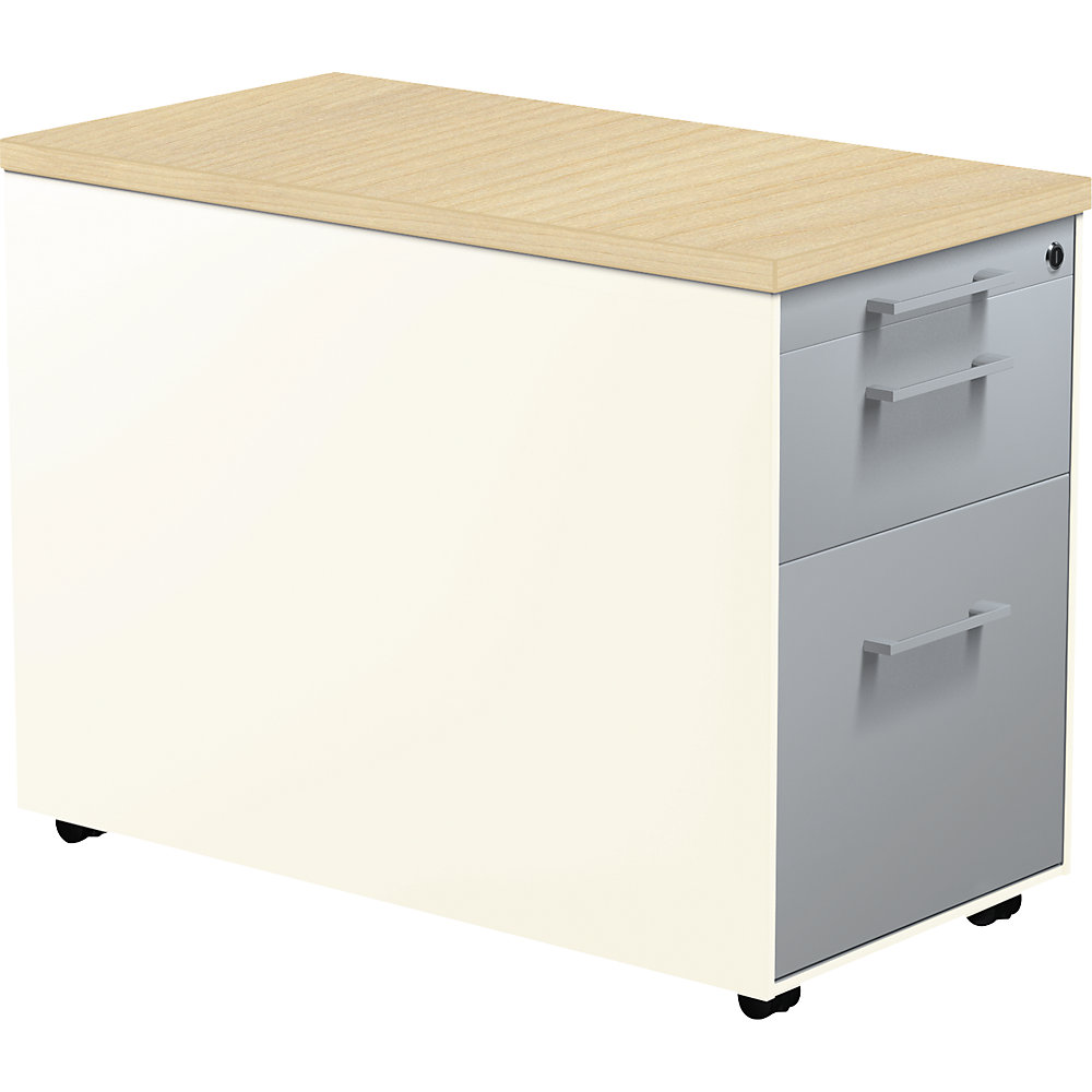 Mauser Verrijdbaar ladeblok, h x d = 579 x 800 mm, 1 materiaallade, 1 hangmappenlade, zuiver wit / blank aluminiumkleurig / ahornhoutdecor