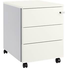 Schäfer Shop Pure mobiele sokkel 333, stalen body, houten front, wielen, afsluitbaar, B 435 x D 565 x H 567 mm, 3 laden, alu wit/wit aluminium
