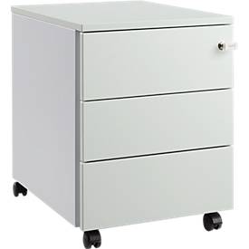 Schäfer Shop Pure mobiele sokkel 333, stalen body, houten front, wielen, afsluitbaar, B 435 x D 565 x H 567 mm, 3 laden, lichtgrijs/wit aluminium