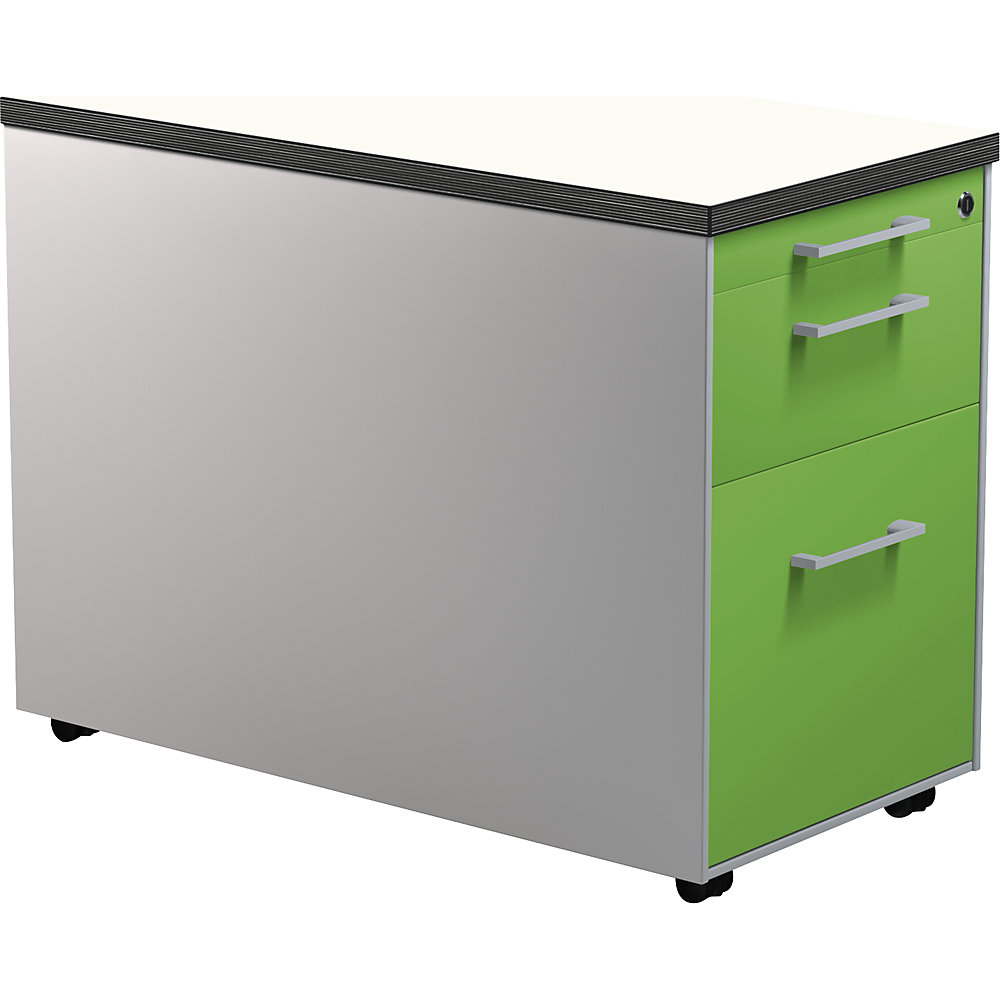 Mauser Verrijdbaar ladeblok, h x d = 579 x 800 mm, 1 materiaallade, 1 hangmappenlade, blank aluminiumkleurig / geelgroen / wit