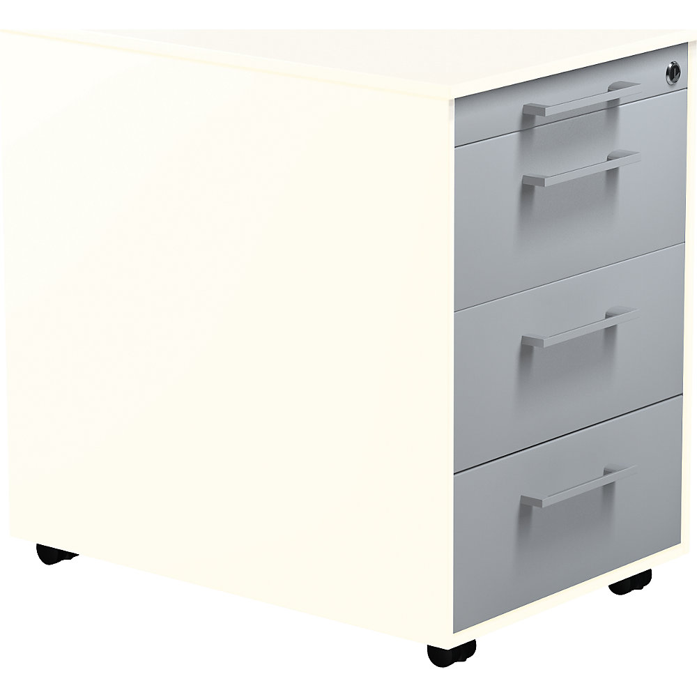 Mauser Verrijdbaar ladeblok, h x d = 570 x 600 mm, 3 laden, zuiver wit / blank aluminiumkleurig / zuiver wit