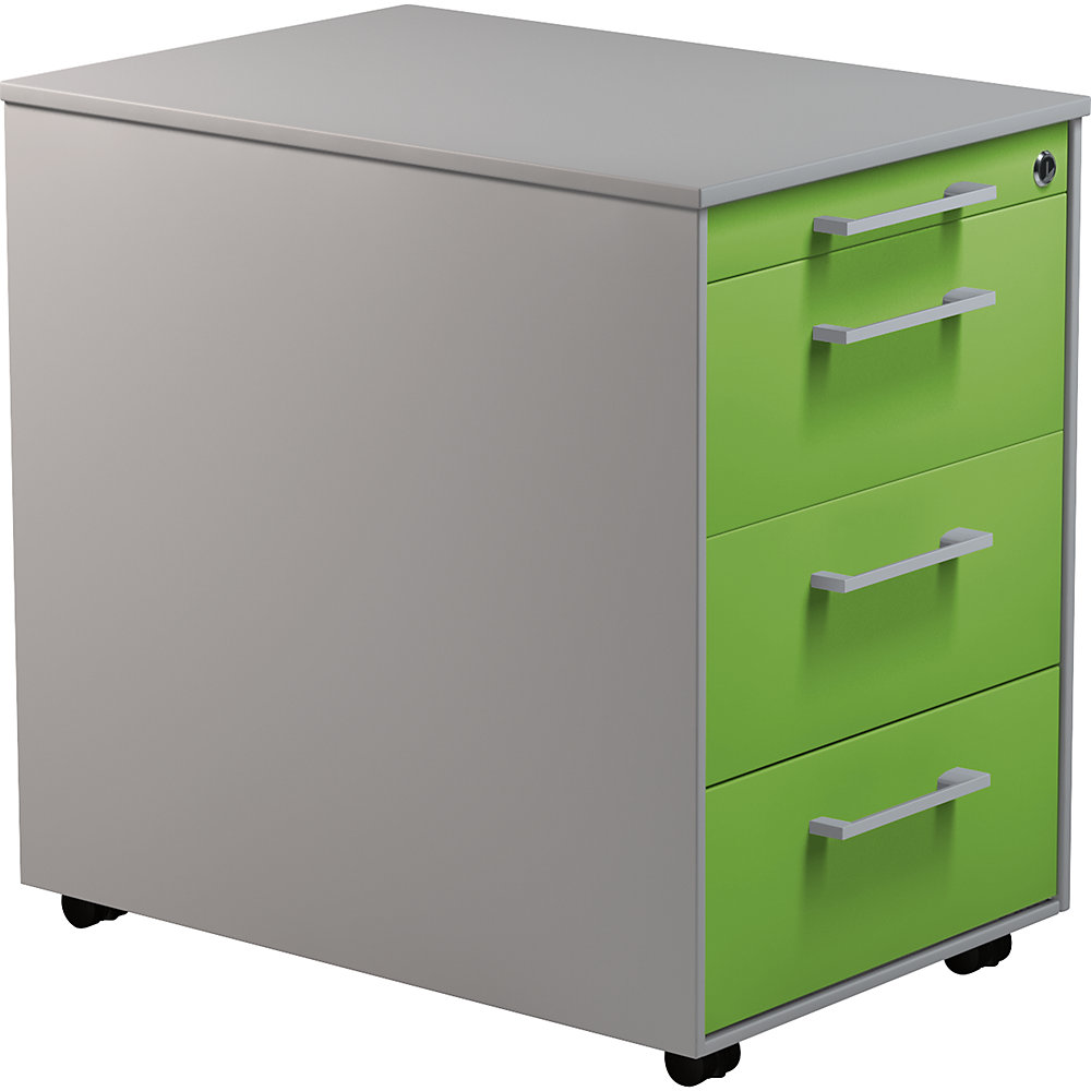 Mauser Verrijdbaar ladeblok, h x d = 570 x 600 mm, 3 laden, blank aluminiumkleurig / geelgroen / blank aluminiumkleurig